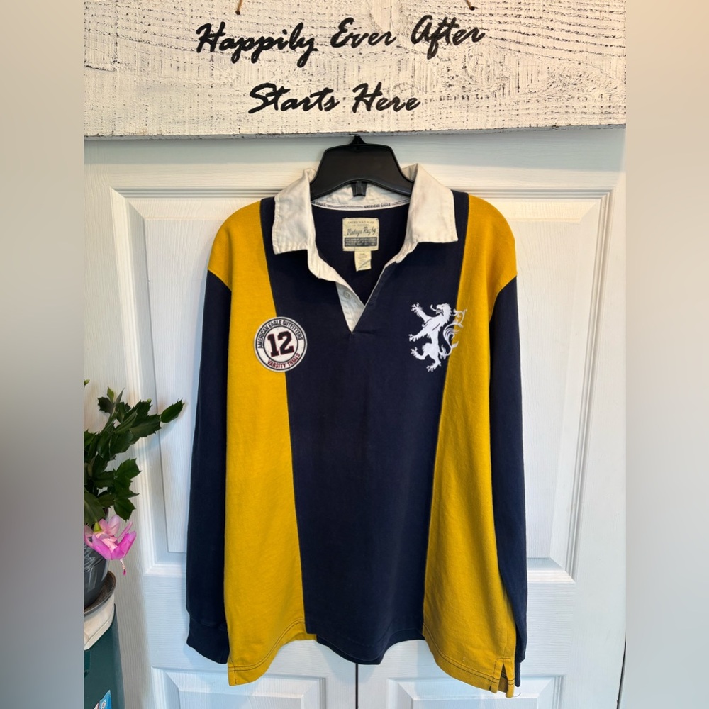 American Eagle Navy and Yellow Vintage Rugby Polo Shirt 100% Cotton Men’s Small